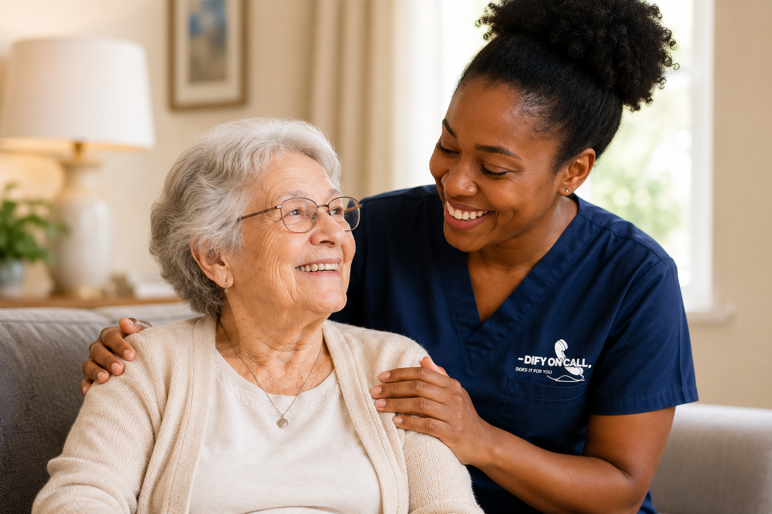 DIFY ON CALL caregiver supporting an elderly family member